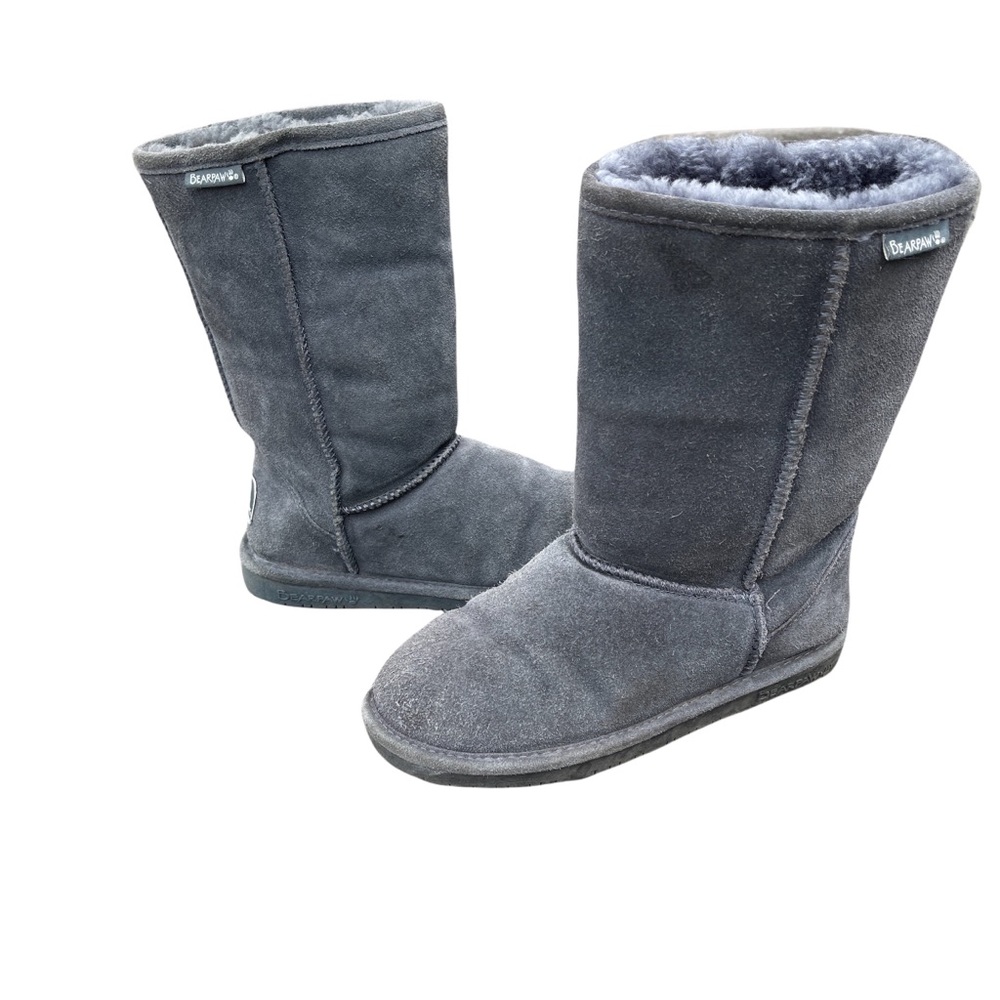 BEARPAW Emma Short Charcoal Suede Sheepskin Wool Boots Size 8
